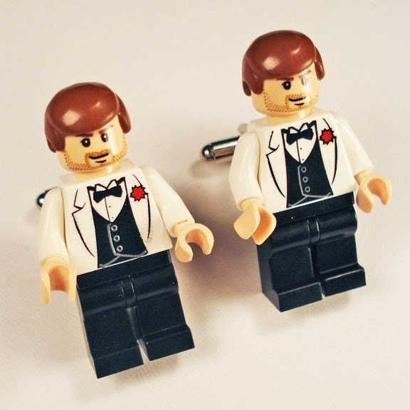 Full body wedding tuxedo groom LEGO silver toned cufflinks in FREE gift box