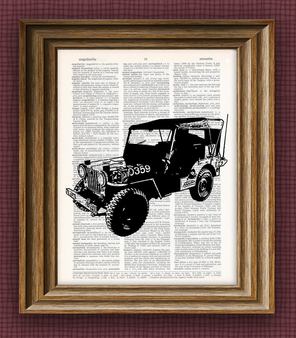 1951 Jeep Willys car beautifully upcycled dictionary page book art print 8.5