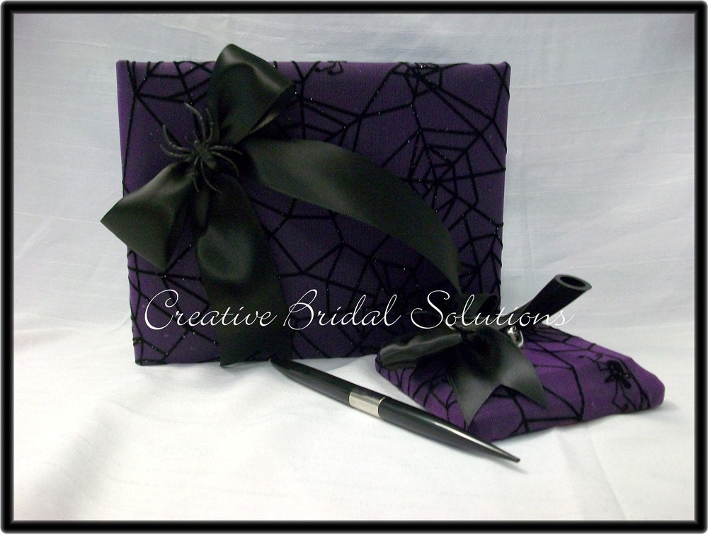 Black and Purple Spiderweb Halloween Wedding Guest Book and Pen Set