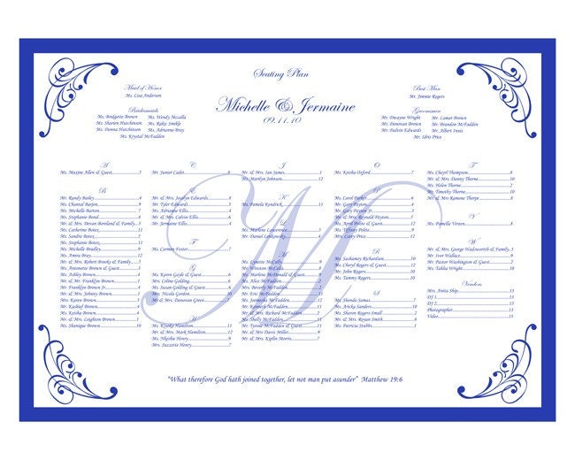 ZOE Wedding Reception Seating Chart Custom Design Royal Blue with 