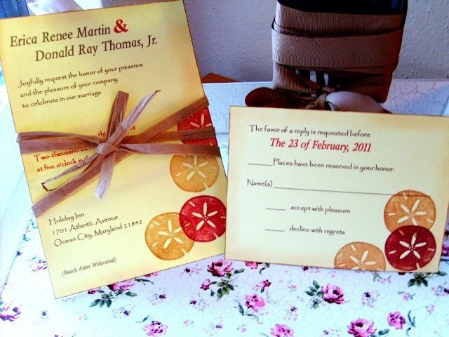 Hand stamped light yellow and cranberry beach themed wedding invitations