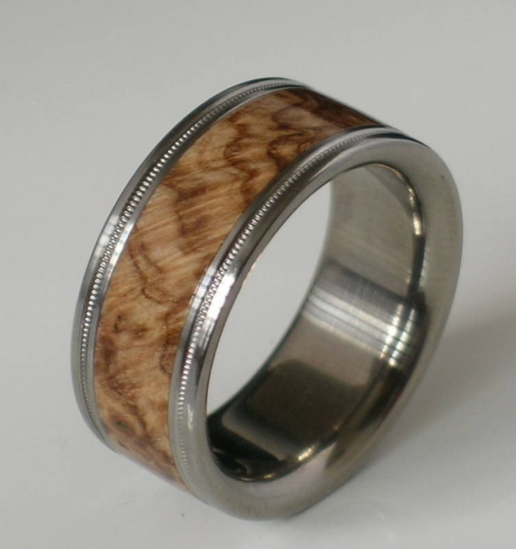 Titanium Wood Ring Brown Maple Burl Band Custom Wedding Band Available in