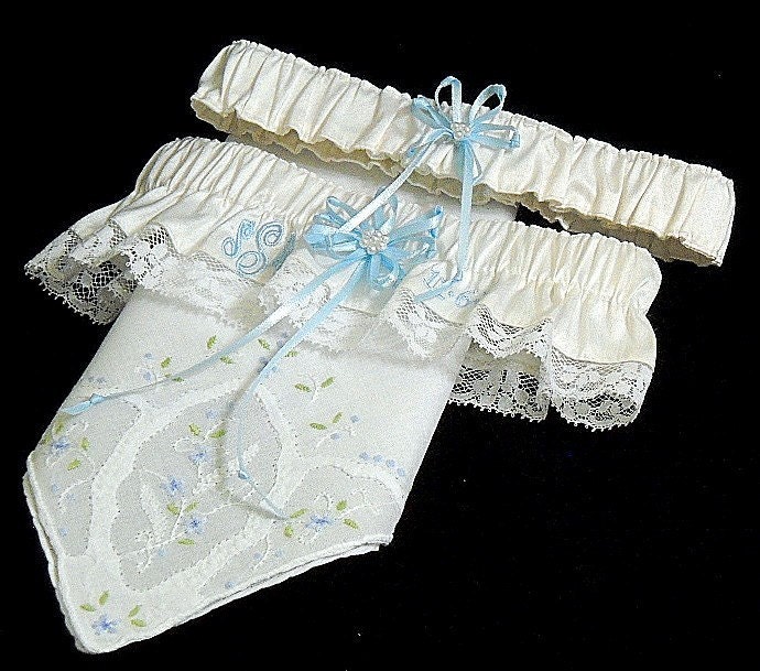 Silk bridal garters and Handkerchief set embroidered with your monogram and 