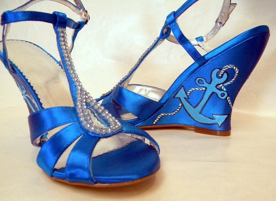 Wedding Nautical Shoes blue jeweled Wedges Anchors Rope From norakaren