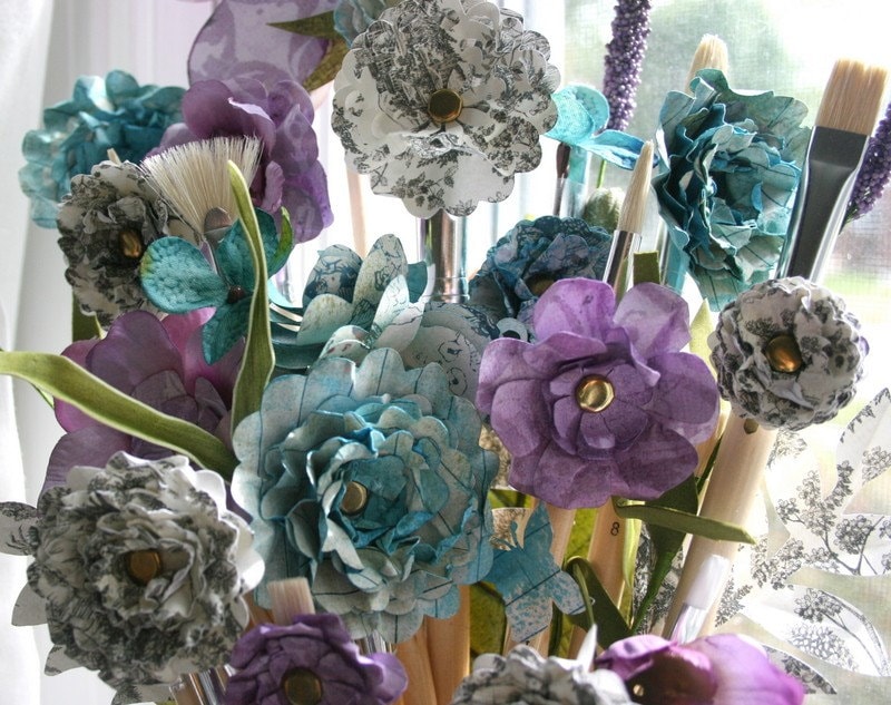 Wedding Centerpieces 3 Custom Paintbrush Bouquets Paper Flowers in Vase 