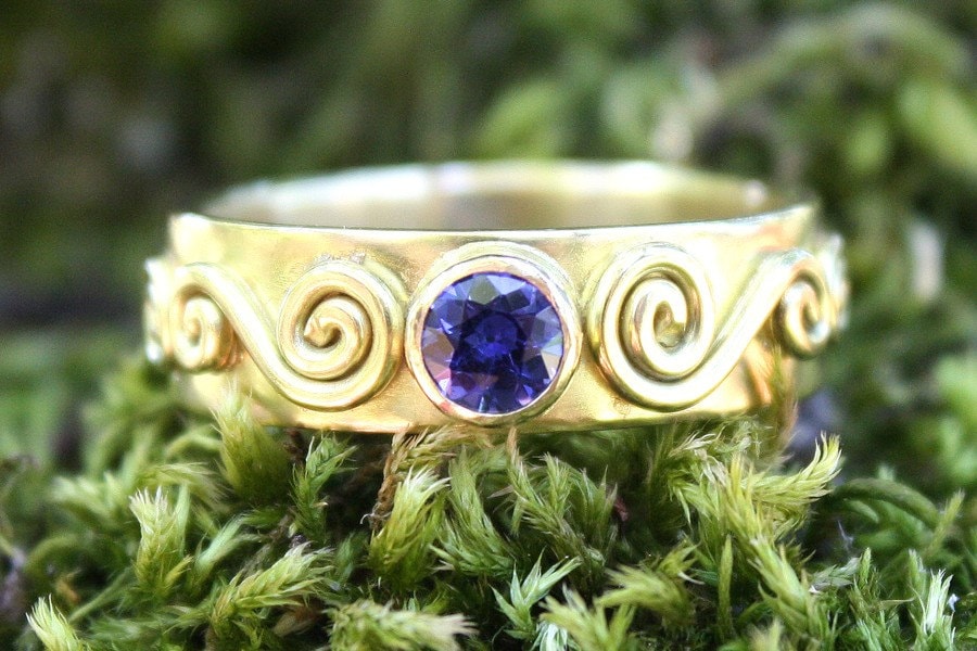 Raj Royal Blue Sapphire Ring Handmade in 18k Gold and 22k Gold Wedding
