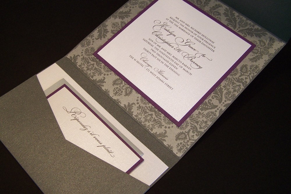 Luxury pocketfolder wedding invitation gray damask and purple listing is 