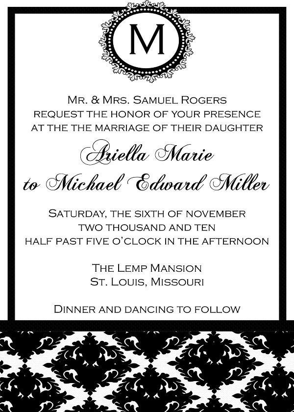 Black and White Damask Wedding Invitation Set Digital and Printable