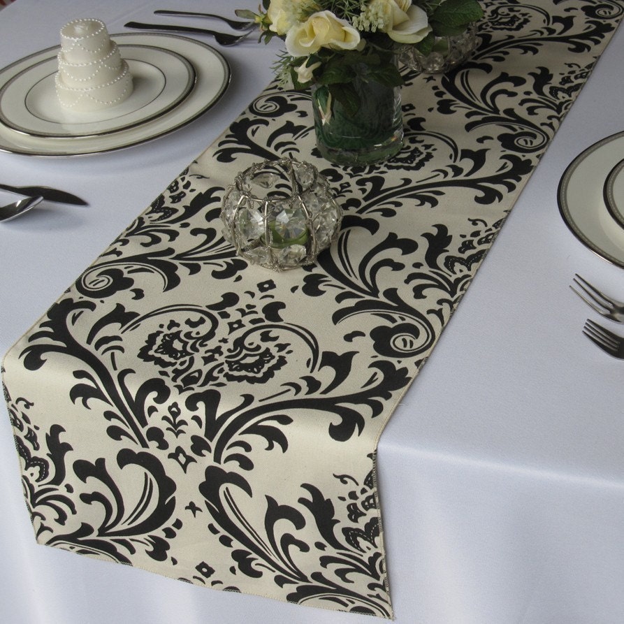 Traditions Ivory and Black Damask Wedding Table Runner