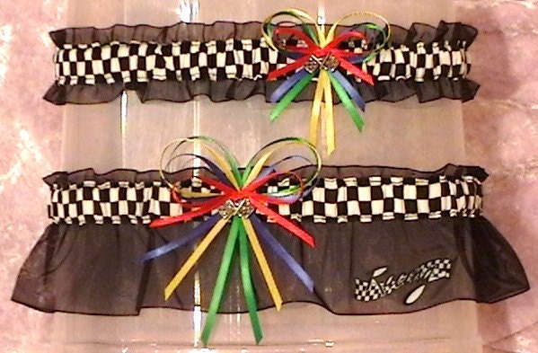 NASCAR Racing Wedding Garter Set Checkered Double Flag