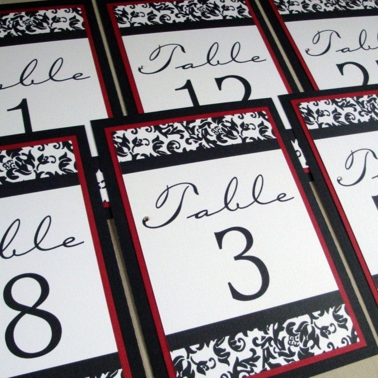 Wedding Table Numbers Damask Dark Red with Swarovski Crystal Set of 12