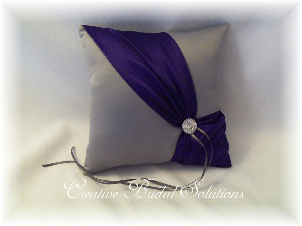 Pewter and Regal Purple Wedding Ring Bearer Pillow Diagonal