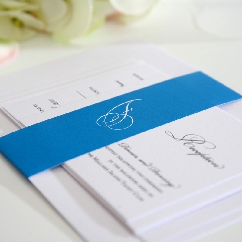 Centered Monogram Wedding Invitations in Electric Blue Sample on Pearl 