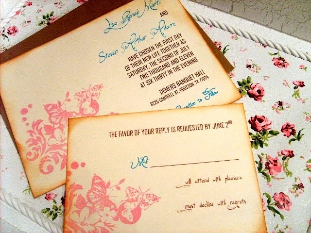 Butterfly tea party hand stamped wedding invitation set SAMPLE 