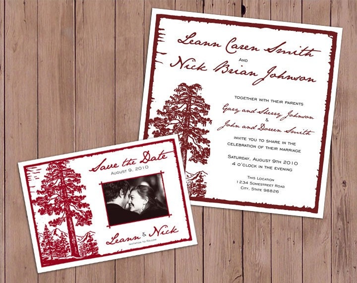 Completely customizable mountain forest themed wedding invitation and save 