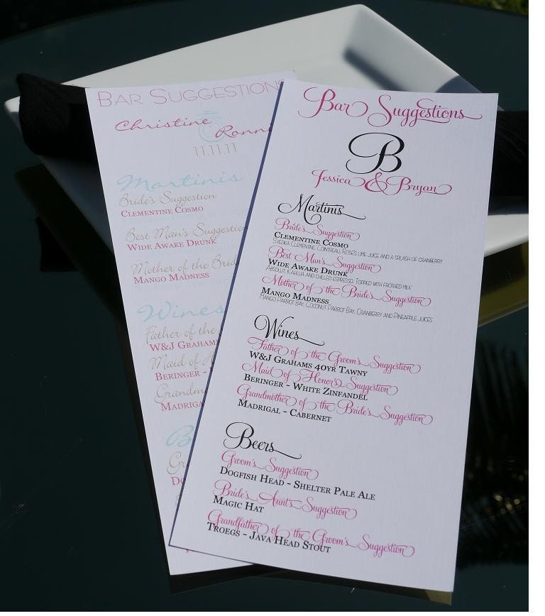 1 8x10 Wedding or Event Bar Suggestion Menu From BesoDesigns