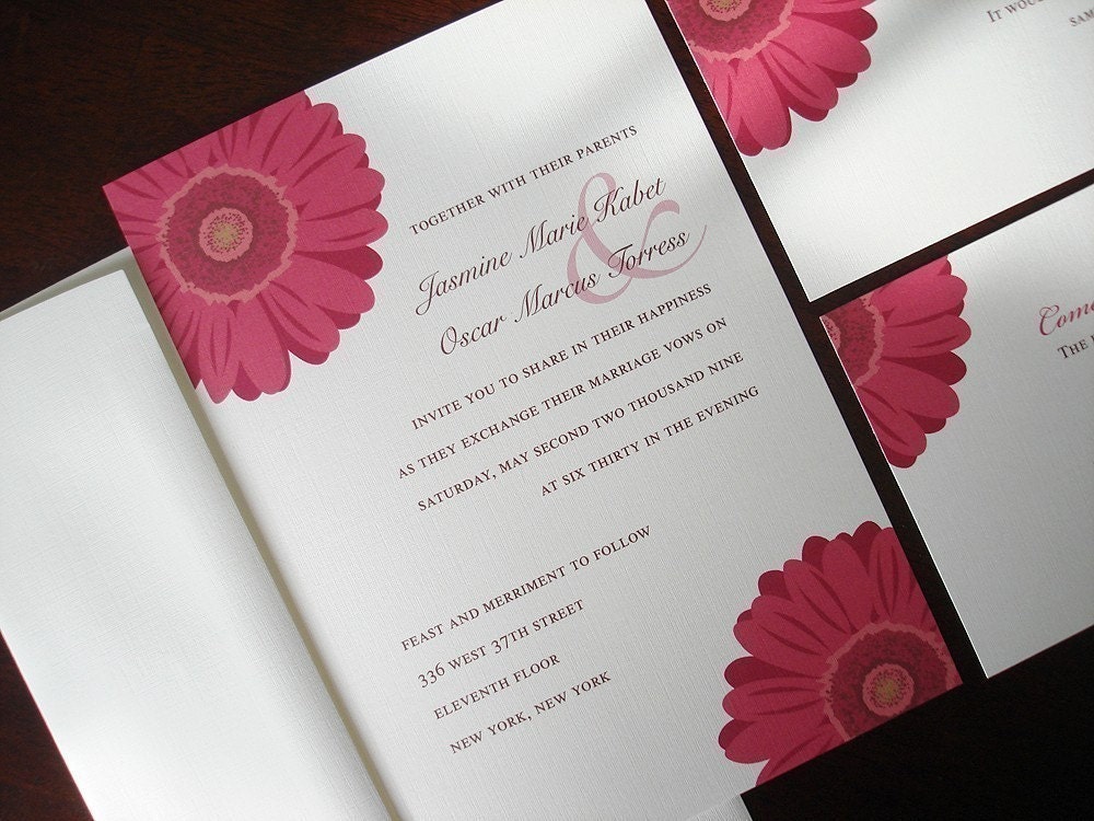 Wedding Invitation Linen Pink Gerber Daisy bridal baby shower 