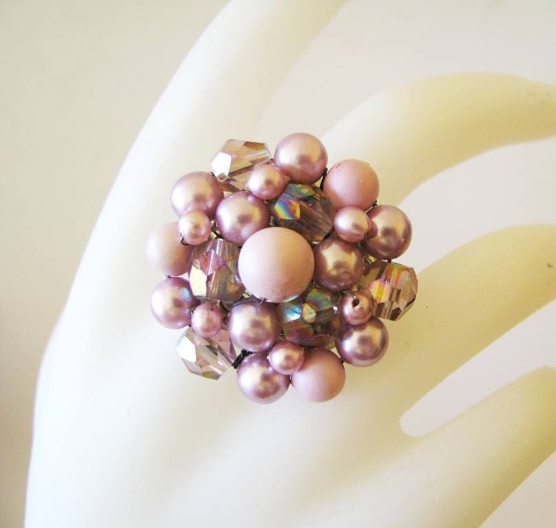 Blush Pearl Vintage Beaded Bauble Cocktail Ring in Antiqued Gold
