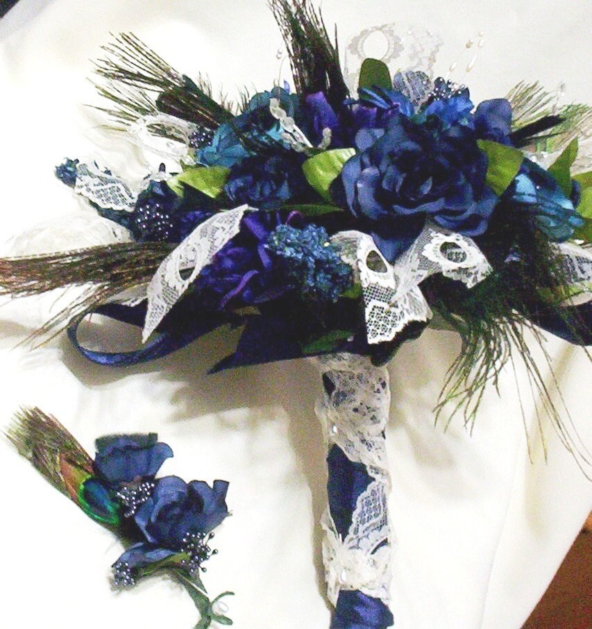 Blue Peacock Bouquet Navy Wedding Flowers lace From AmoreBride