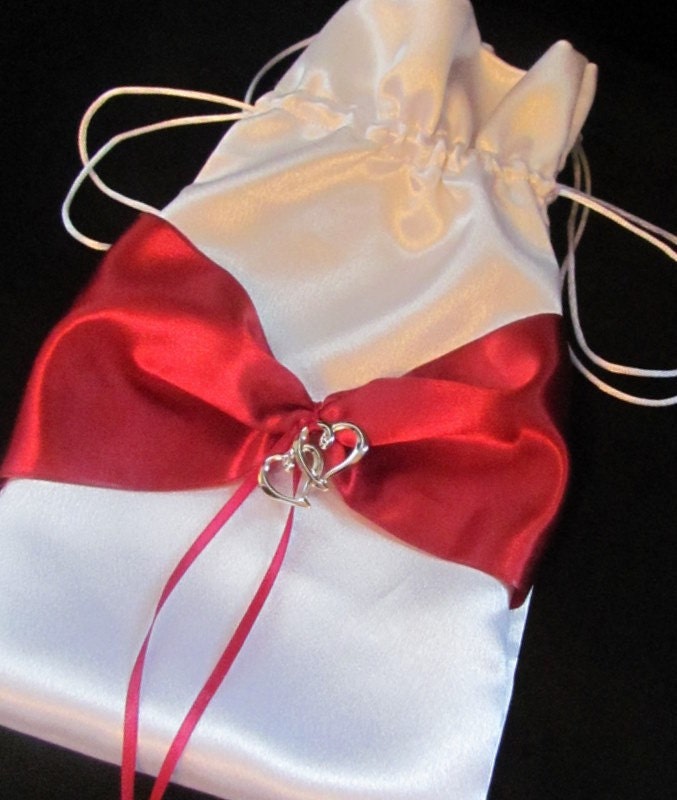 Two Hearts Become One Wedding Bridal Money Bag White and Apple Red Shown