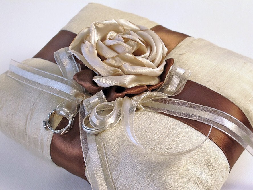 Ring Pillow for Your Wedding Silk and Satin Floral in Chocolate and Taupe