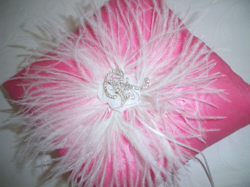 Candy Pink Pearlized Feather Damask Wedding Ring Pillow