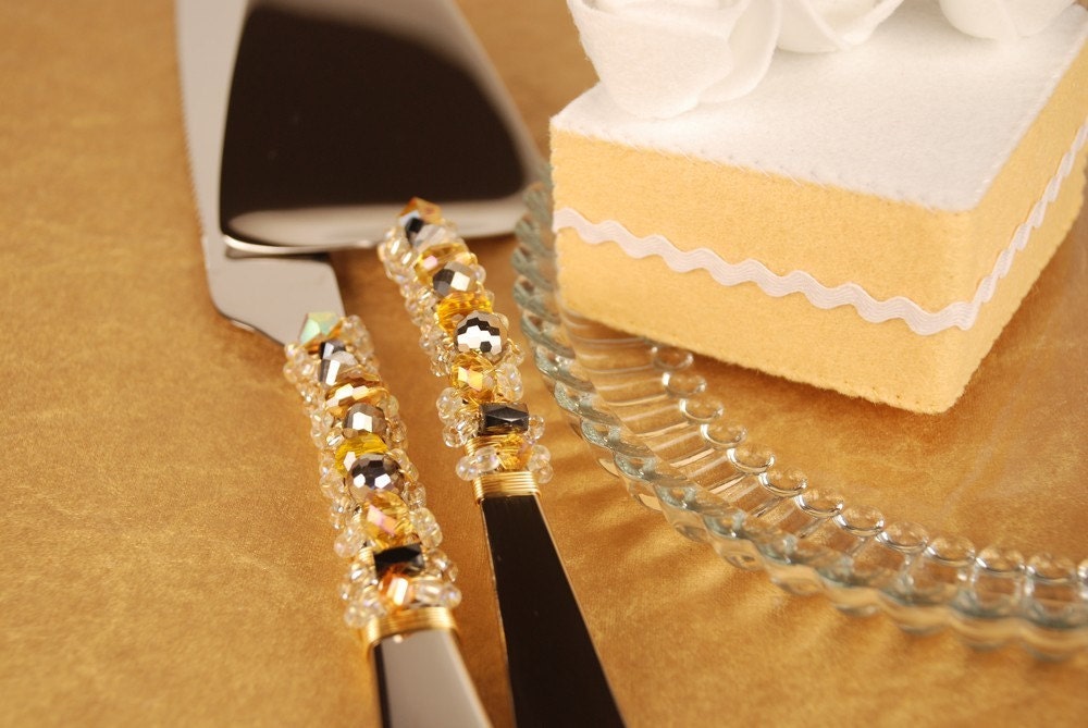 Yellow and grey wedding cake server and knife set handmade beaded crystal