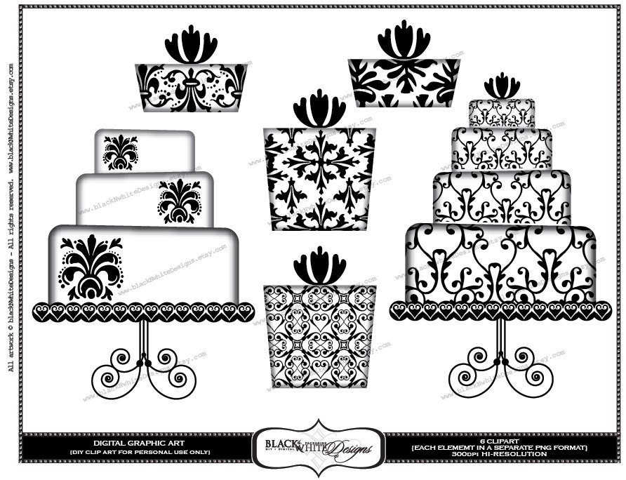 DIY Clip Art Set Black and White Damask Wedding Cakes and Gifts CLP105
