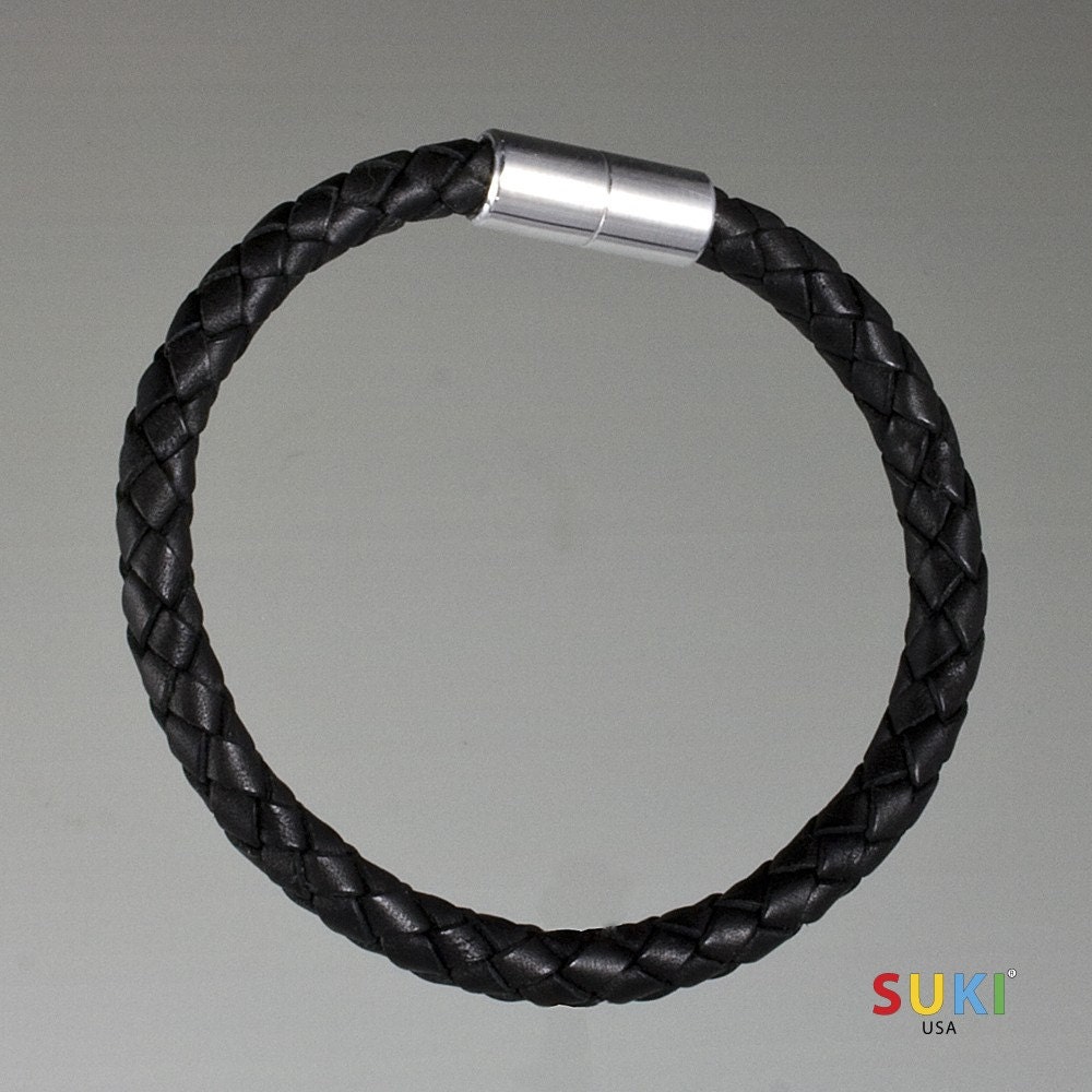 Braided Black Leather Bracelet 6mm 8