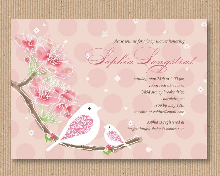Cherry Blossom Little Birds Pink Polka Dots Baby Shower or Bridal Shower