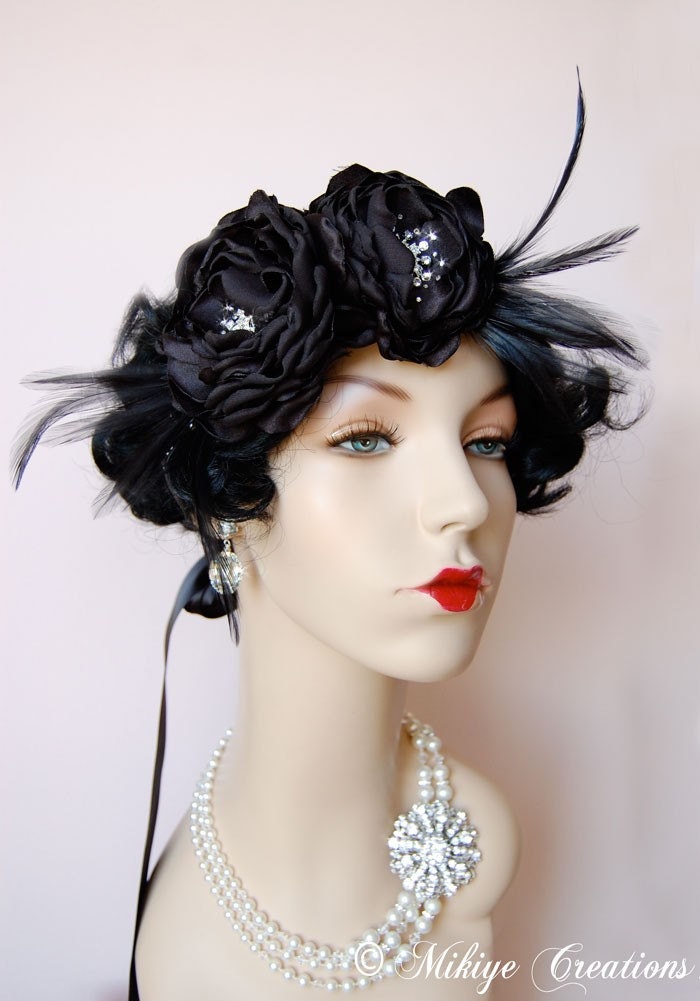 Bridal Floral Head Piece Headband Sash Black Satin
