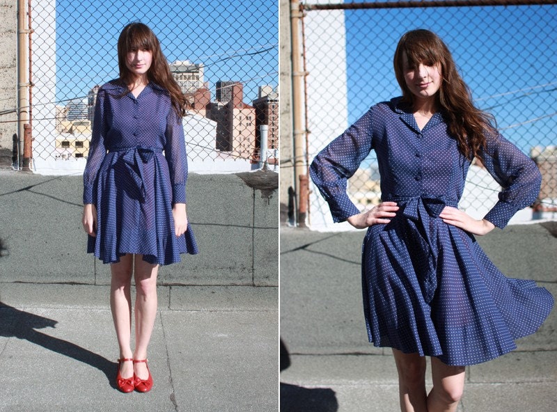 Handmade Rockabilly Navy Blue Polka dot wiggle dress, Dress