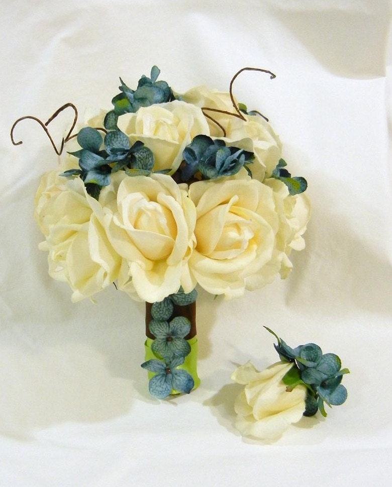 Real Touch Ivory Cream Roses and Teal Hydrangea Bridal Bouquet Boutonniere