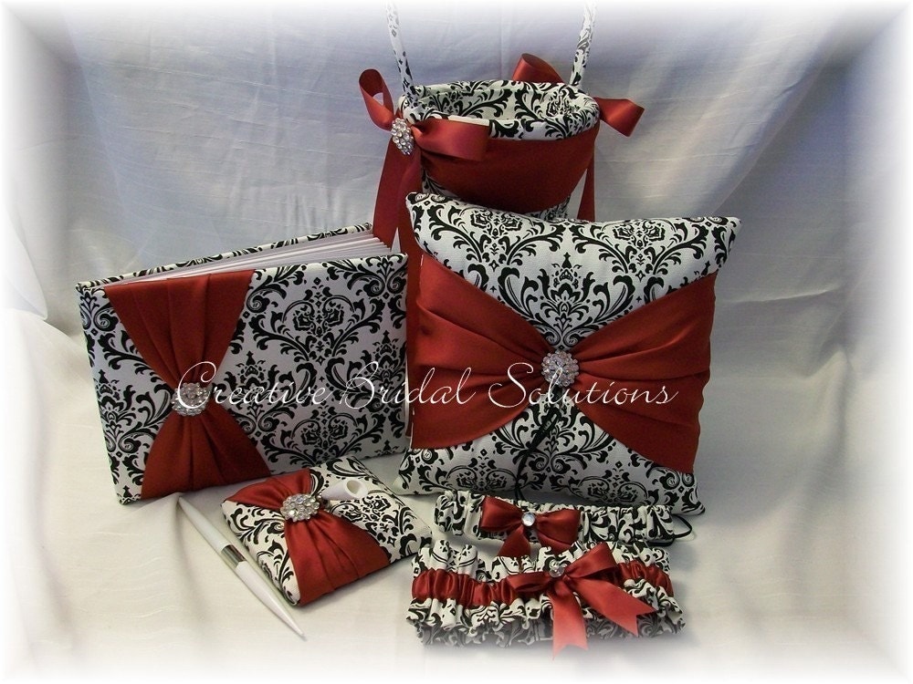Black and White Madison Damask with Dark Red Wedding Ring Bearer Pillow 
