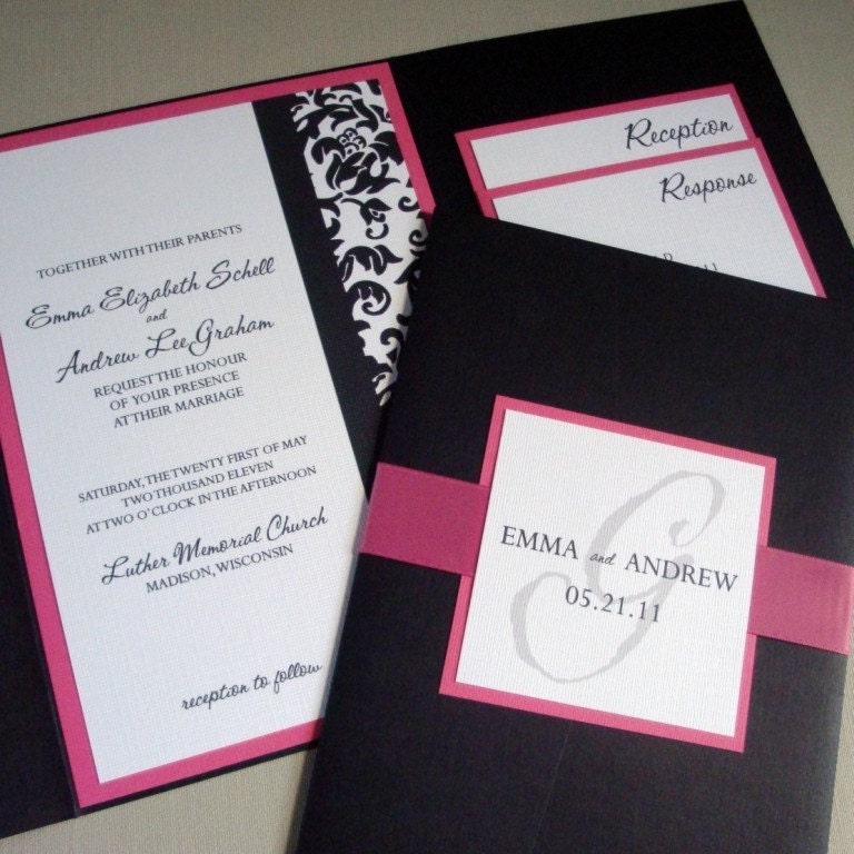 Pocketfold Wedding Invitation Pink Damask SAMPLE PACKAGE