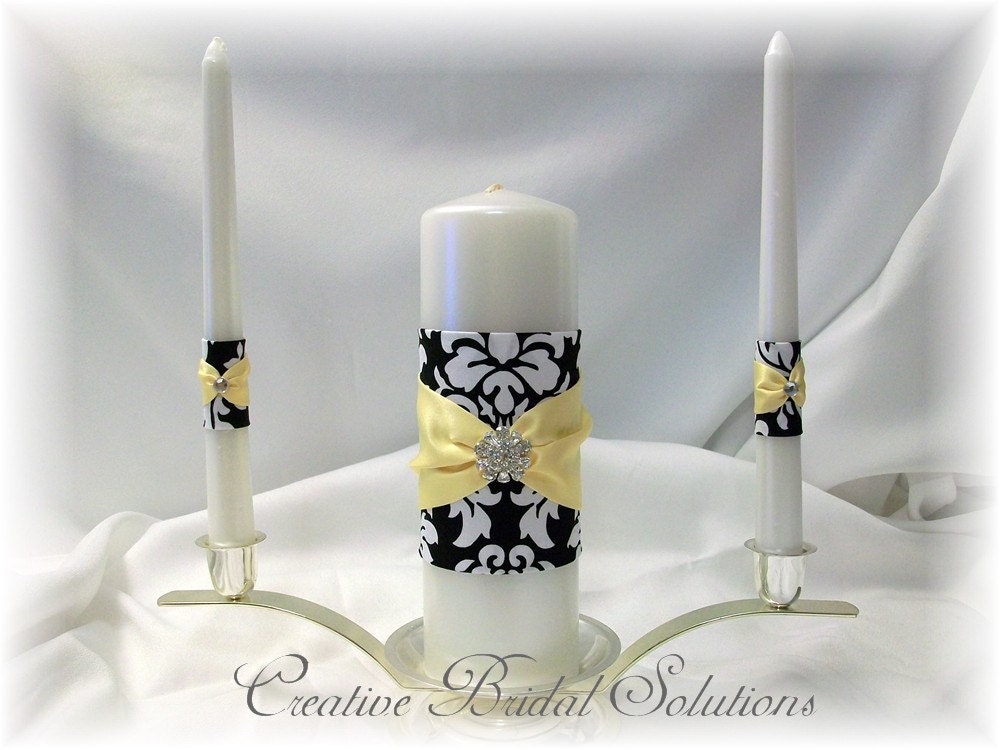 Black and White Dandy Damask with Yellow Wedding Unity Candle