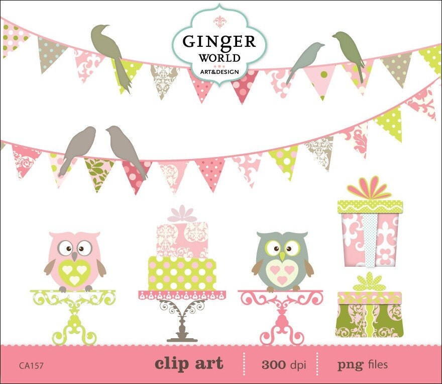 Birds Banners Flags Owls cake gift box party clipart digital file 