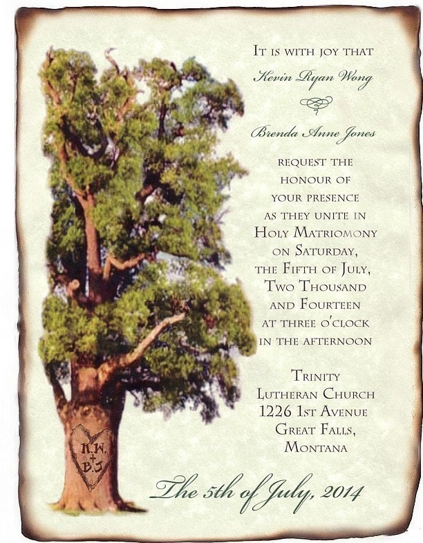 Wedding Scroll Invitations Heart Oak Tree Theme qty 50 oak wedding theme