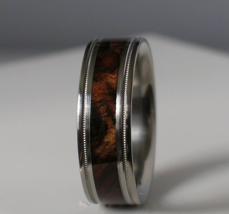 Tungsten Wedding Band Brown Maple Burl Wood Ring with Milgrain Edge Mens or