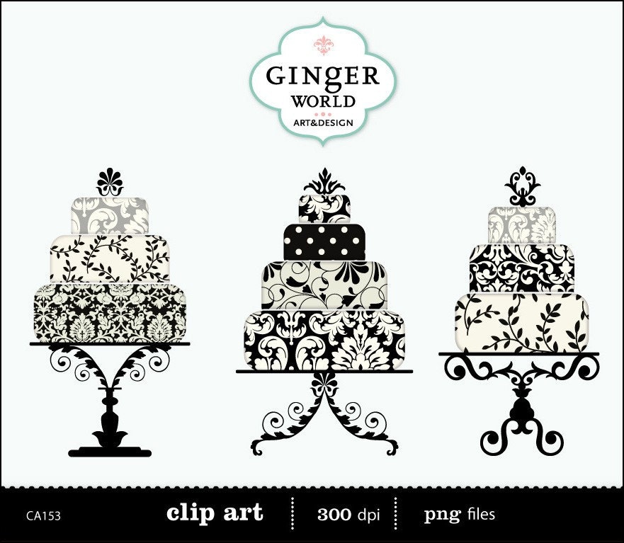 Black damask luxe Wedding Cake clip art digital illustration printable for