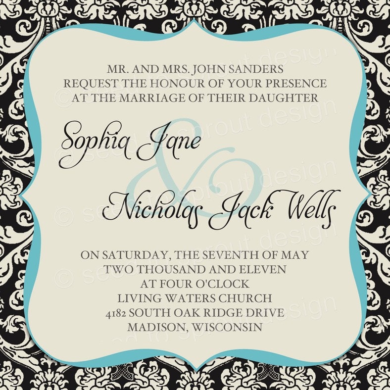 Printable Wedding Invitation 525 Square Black and Blue Damask
