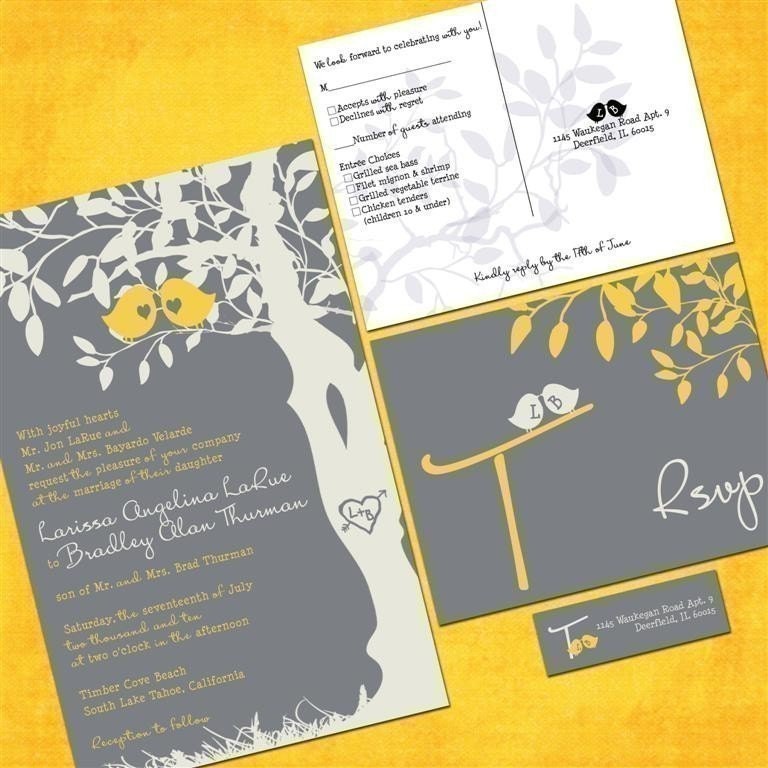Gray and Yellow Love Birds Wedding Invitation Sample Packet Custom Love