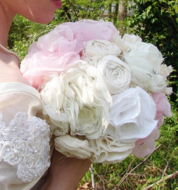Fabric Flower Bouquets Vintage Wedding Bride and Bridesmaid Cotton and 