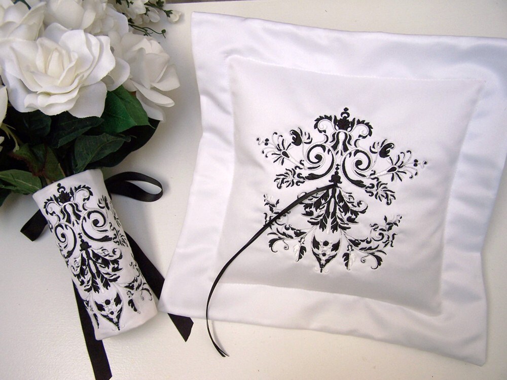 Damask design ring pillow and bridal bouquet wrap From StitchFromTheHeart