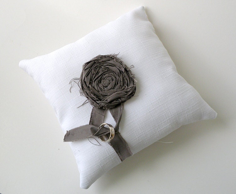 White cotton wedding ring pillow with dove gray rosette From nisseworks