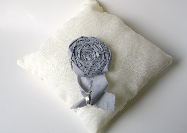 Cream linen wedding ring pillow with light blue gray rosette