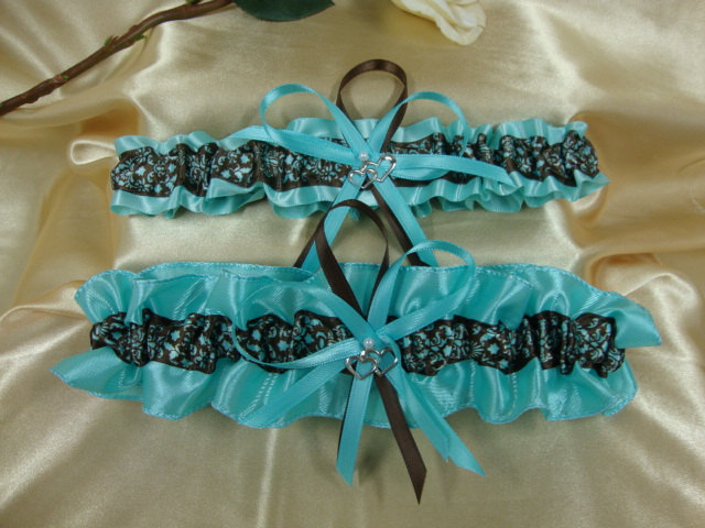 Wedding Garter SetAqua with Brown French Block Damask and Double Hearts 