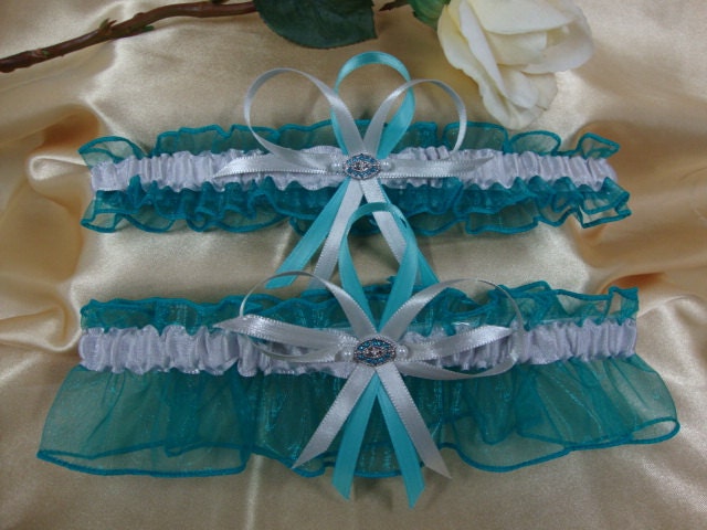 Teal and Silver Wedding Garter Set with Teal Crystal Deco From StarBridal