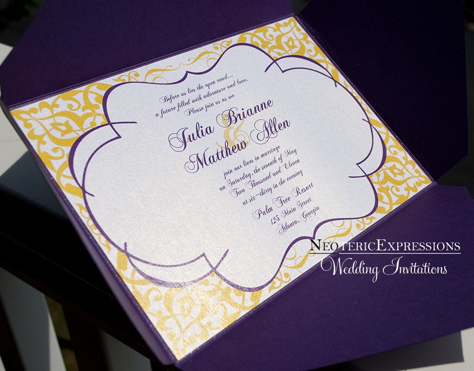 Wedding Invitation Purple and Yellow Metallic Pochette