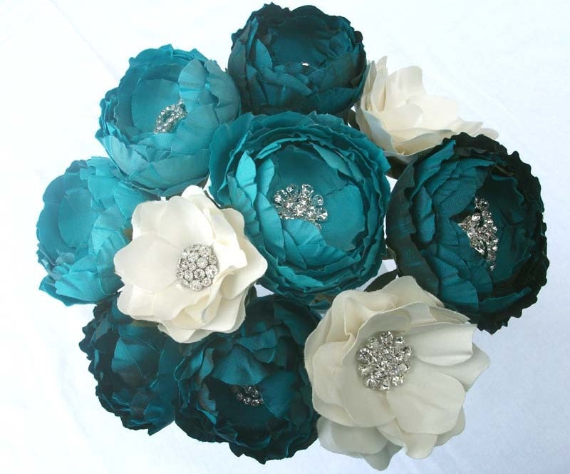 Teal Aqua Ivory Silk Dupioni Cannelita and Gardenia Bridal Bouquet